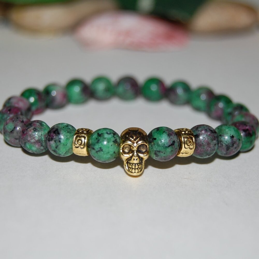 Ruby Zoisite Bracelet,Skull Bracelet,Ruby Golden Skull Bracelet